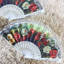 Leque De Mão Tecido Poliester Estampa de flores com detalhe em dourado Com Haste De Plástico Unidade LDP-24