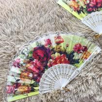 Leque De Mão Tecido Poliester Estampa de flores com detalhe em dourado Com Haste De Plástico Unidade LDP-29