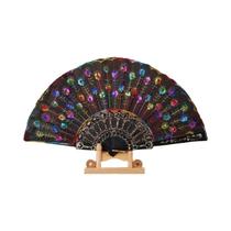 Leque De Plástico Dobrável Branco Com Lantejoulas Bordadas Estilo Chinês Para Casamento Festa