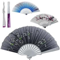 Leque de plastico / tecido estampado oriental base branca 23cm Leque de plastico / tecido estampado oriental base branca 23cm