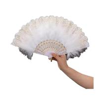 Leque Dobrável Estilo Chinês Vintage Com Renda E Penas Para Dança, Casamento, Decoração De Festas E Leque Dobrável Estilo Chinês Vintage Com Renda E Penas Para Dança, Casamento, Decoração De Festas E