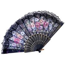 Leque Japonês Preto Oriental Tecido Floral Com Renda