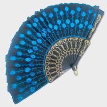 Leque Pomba Gira Cigana Azul Paetê Luxo Estampado