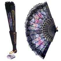 Leque Preto De Tecido Estampado Com Renda Preto Cores