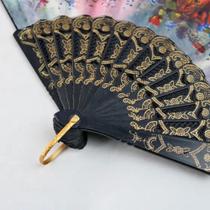 Leque Preto De Tecido Estampado Com Renda Preto Cores