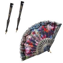 Leque Preto De Tecido Estampado Com Renda Preto Cores