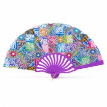 Leque Roxo Estampado de Tecido e Plástico 42cm