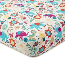 Levtex Baby - Lençol Embutido no Berço Zahara - Adapta-se ao Berço Padrão e Colchão Infantil - Boho Elefantes, Folhas e Flores - Laranja, Teal, Amarelo, Vermelho, Fúcsia - Acessórios para Berçário - 100% Algodão