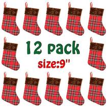 Libay 12 Pack 9" Mini Conjunto de Meias de Natal, Pequeno Rústico Felt Vermelho Xadrez Xmas Meias Cartões de Presente Suportes de Sacos de Presente, Enfeite de Festa de Árvore de Natal Natal