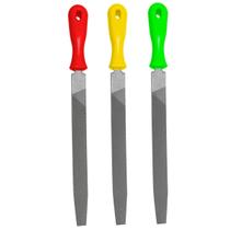 Lima Chata Bastarda 25cm, Aço Temperado, para Metal, Madeira e Plástico, Cabo Colorido, 3 Peças