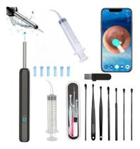 Limpador De Cera Ouvido Pinças Lanterna Seringa Preto Kit 9