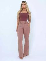 Linda Calça Social Luxo/ Flare com Elastano/Detalhe de Cinto Embutido/Bolsos laterais/Jacquard Linho