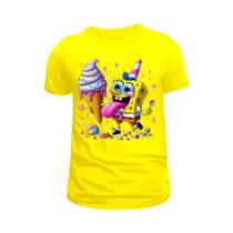 Linda Camiseta Bob Esponja Infantil e Adulto 100% Algodão 30.1 Amarelo t-shirt Blusa unissex