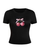Linda camiseta feminina Crop Top SweatyRocks, morango e cereja preta