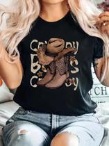 Linda moda verão ocidental cowboy letras impressão padrão-senhoras em torno do pescoço T sangue