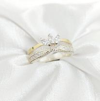 Lindo Anel Coroa De Prata 925 Com Apliques De Ouro 14 K E Zircônias