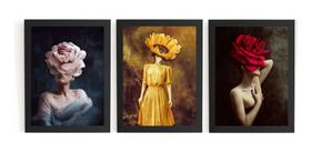 Lindo Kit 3 Quadros Decorativos Sala Arte Mulheres Flores
