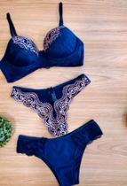 Lingerie azul marinho com rose 3 peças