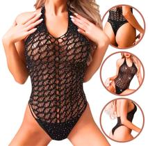 Lingerie Body Arrastão Sensual Sem Mangas Brilho Strass Sexy