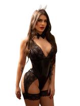 Lingerie Body Preto Rendado e Vinil + Cinta Liga Lingerie Body Preto Rendado e Vinil + Cinta Liga