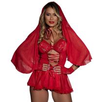 Lingerie Feminina Chapeuzinho Renda Camisola Curta Ajustável + Véu e Luvas