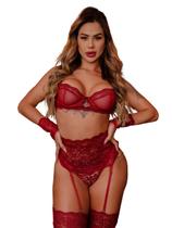 Lingerie Feminina Conjunto Renda Luvas Completa Noite Especial