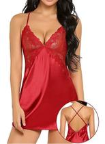 Lingerie Feminina Decote em V Roupa de Dormir Camisola de Renda Sensual Moda intima c/ Calcinha fio
