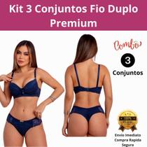 Lingerie Feminina Kit com 3 Conjuntos Fio Duplo Renda Sexy