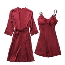 Lingerie feminina seda renda robe vestido babydoll camisola pijamas conjunto quimono