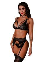 Lingerie Renda Conjunto Feminino Cinta Liga Completa + Meia