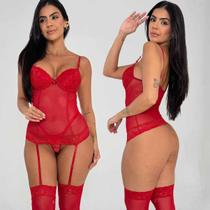 Lingerie Sexy Espartilho Corselet Sensual Completo C/ Meias Tule Com Bojo Rendado