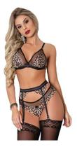 Lingerie Sexy Onça Oncinha com Cinta Liga e meia 7/8