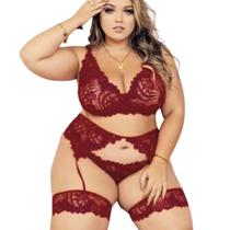 Lingerie Sexy plus Size CINTA LIGA conjunto 3 peças Renda