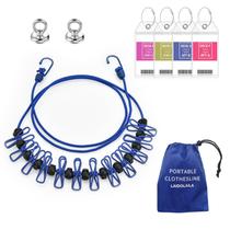 Linha de roupas magnética retrátil para cabine - Varal de secagem de roupas Cruise Essentials aprovado em 2025, varal de viagem com prendedores de roupa -4 etiquetas de bagagem, ganchos magnéticos fortes (azuis)