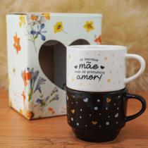 Linha Presente 2 Xícaras Empilhável 210ml em Porcelana café chá Mãe Frases Coração Preto/Branco Linha Presente 2 Xícaras Empilhável 210ml em Porcelana café chá Mãe Frases Coração Preto/Branco