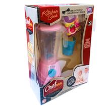 Liquidificador de Brinquedo Rosa Com Copo Azul Mais Caixinha de Suco de brinquedo Chefs Kids
