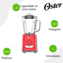 Liquidificador Oster com Jarra de Vidro 1.7L OLIQ501 1000W - Vermelho - 110v