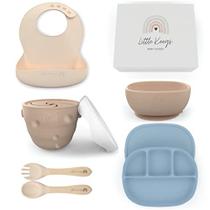 Little Keegs Baby Feeding Set - Baby Must Haves Gift Set - Suprimentos de desmame conduzidos pelo bebê - Conjunto de alimentação de silicone para crianças - Tigela de bebê de sucção, babador, copo de lanche, utensílios, conjunto de pratos de bebê