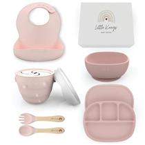 Little Keegs Baby Feeding Set - Baby Must Haves Gift Set - Suprimentos de desmame conduzidos pelo bebê - Pratos de silicone para crianças - Tigela de bebê de sucção, babador, copo de lanche, utensílios, conjunto de pratos de bebê de 8 (rosa)