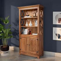 Livreiro Estante Rústica com Prateleiras Detalhe X em Madeira Maciça com 2 Portas - Natural