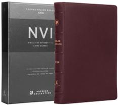 Livro - Bíblia Sagrada NVI, Letra Grande, Couro legítimo vinho, Leitura Perfeita, Premier Collection | Com letras de Jesus em azul e referências cruzadas