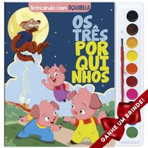 Livro Brincando com Aquarela: Os Três Porquinhos Crianças Filhos Infantil Desenho História Brincar Pintar Colorir