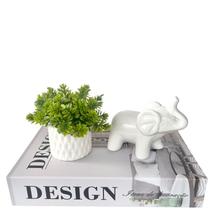 Livro caixa design + mini vaso branco + escultura elefante