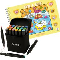 Livro Comfy Cozy Capa Dura Explore Criatividade Colorir 24 Canetas Touch Pontas Duplas Educativo Passatempo Aulas Férias