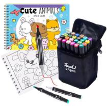 Livro Cute Animals Para Colorir Com 48 Ilustrações Para Relaxar Tiktok Estilo Bobbie Goods + 24 Canetinhas Ponta Dupla