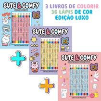 Livro Cute & Comfy Sem Estresse + Momentos das Meninas + Momentos para Relaxar c/ 36 Lápis de Cor Bobbie Goods