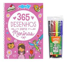 Livro de colorir 365 desenhos p/ meninas + canetinha 6 cores
