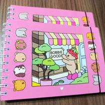 Livro de Colorir Bob Goods Rosa com Elástico Marca Página, Capa Dura, Espiral Metálico e Folha de Acetato Estilo Kawaii Fofo