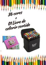 Livro de Colorir + Canetinhas 36, 48 ou 60 cores acrilica ou 36 ou 80 cores touch preta Bobi guds 50 Folhas Caderno de D