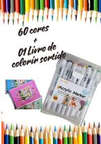 Livro de Colorir + Canetinhas 36, 48 ou 60 cores acrilica ou 36 ou 80 cores touch preta Bobi guds 50 Folhas Caderno de D